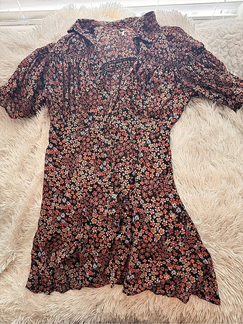 Free People Corrine Button Down Mini Dress Black & Red Floral